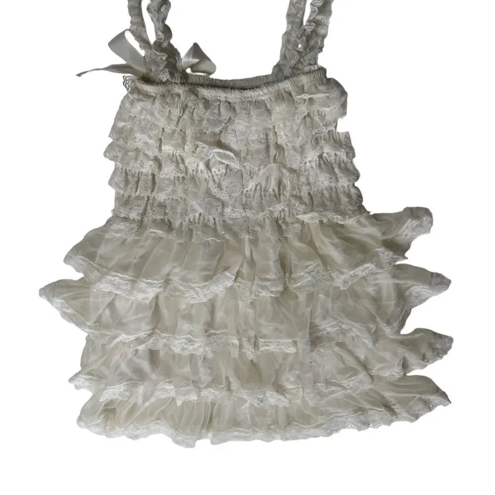 Girls Vintage 1990s Cream Tiered Lace Cottagecore Dress